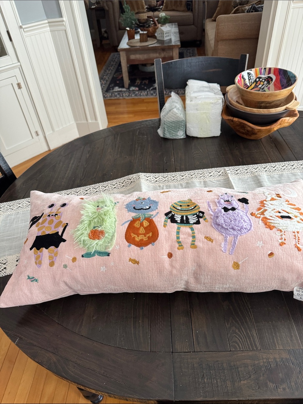 Pink Embroidered Halloween Lumbar Pillow